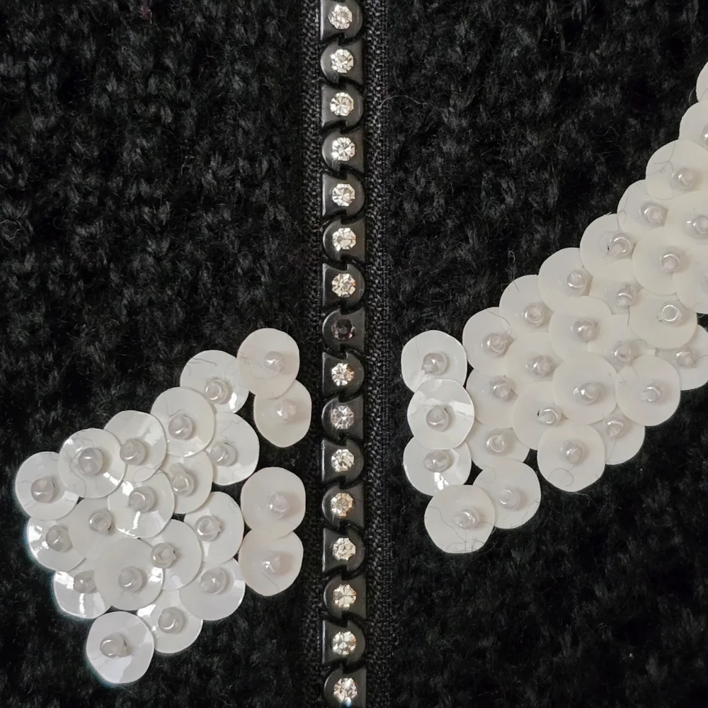 Women's Gardy Cardigan Knit Sweater Black Knit White Sequins Rhinestone Zipper L - Picture 11 of 13